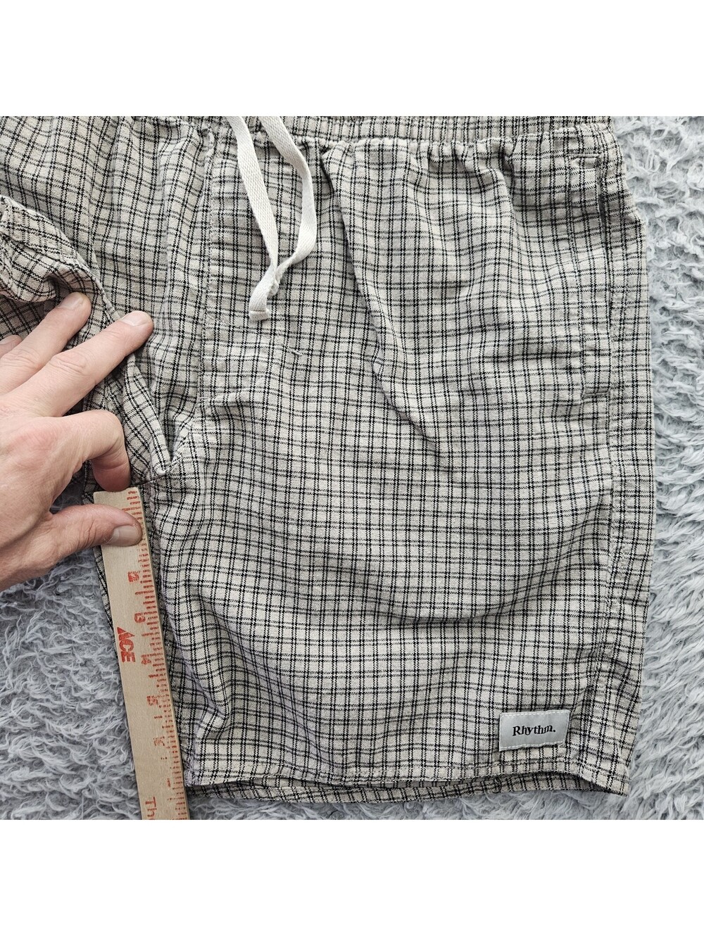 Rhythm Huckberry Linen Blend Shorts Men 34x7 Tan Check Relaxed - Picture 7 of 9